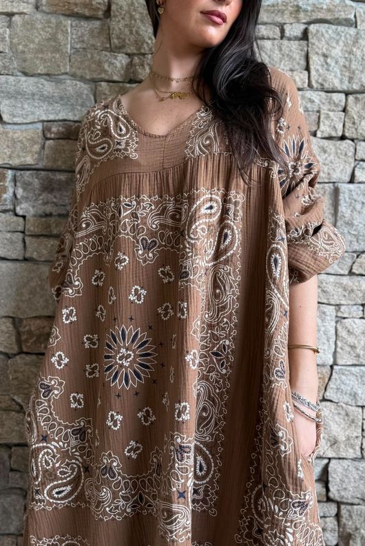 Kasbah Bubble Cotton Bandana Peasant Dress Hazelnut